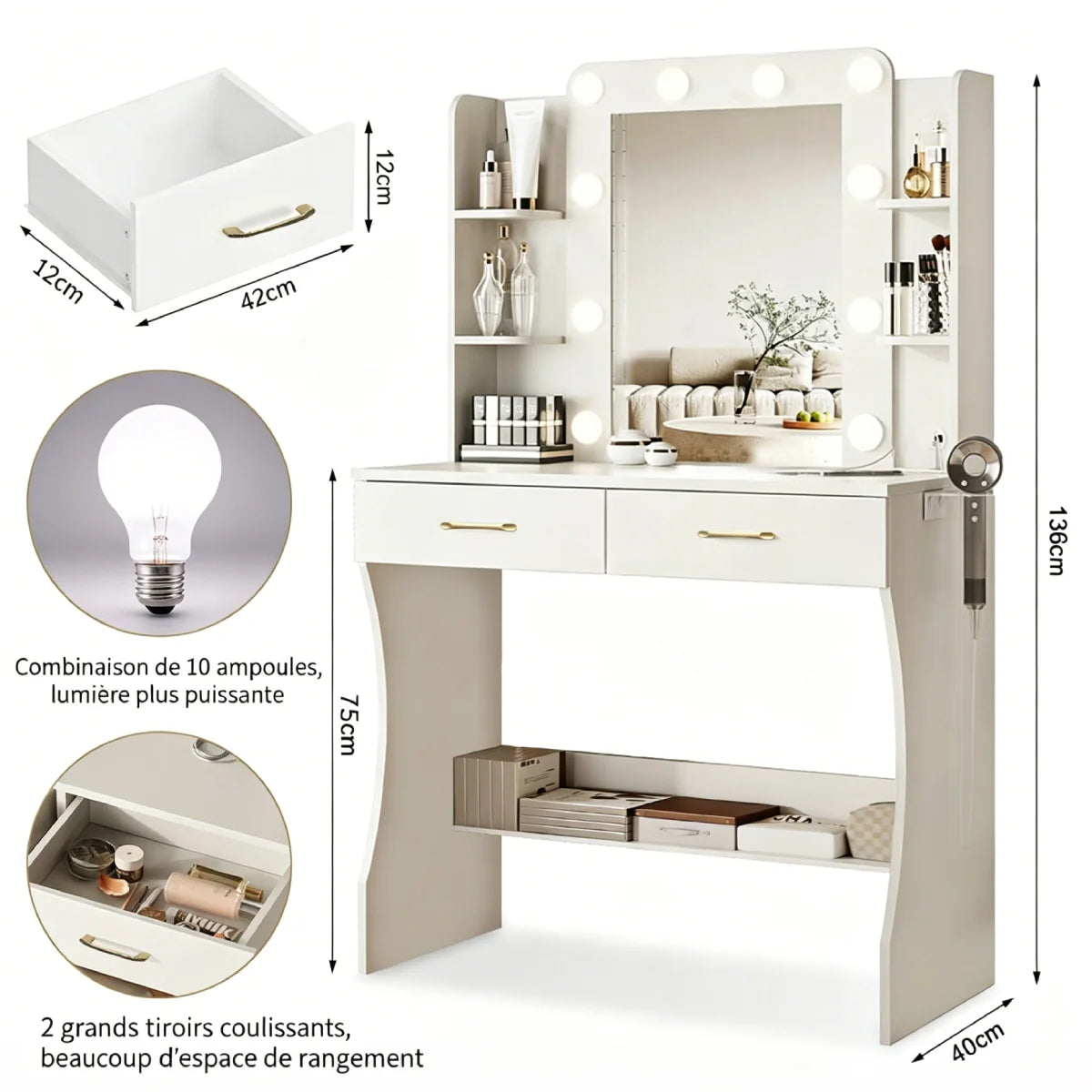 Table de maquillage Mihtrov avec étagères réglables pour petit appartement, miroir à lumière LED réglable, bureau de maquillage avec tabouret amovible, cadeau pour fille et amies