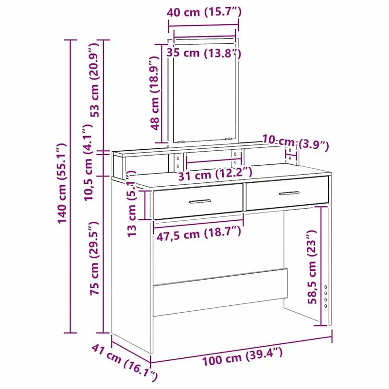 Dressing table with shelf, white, 100 x 41 x 140 cm, wood-based material