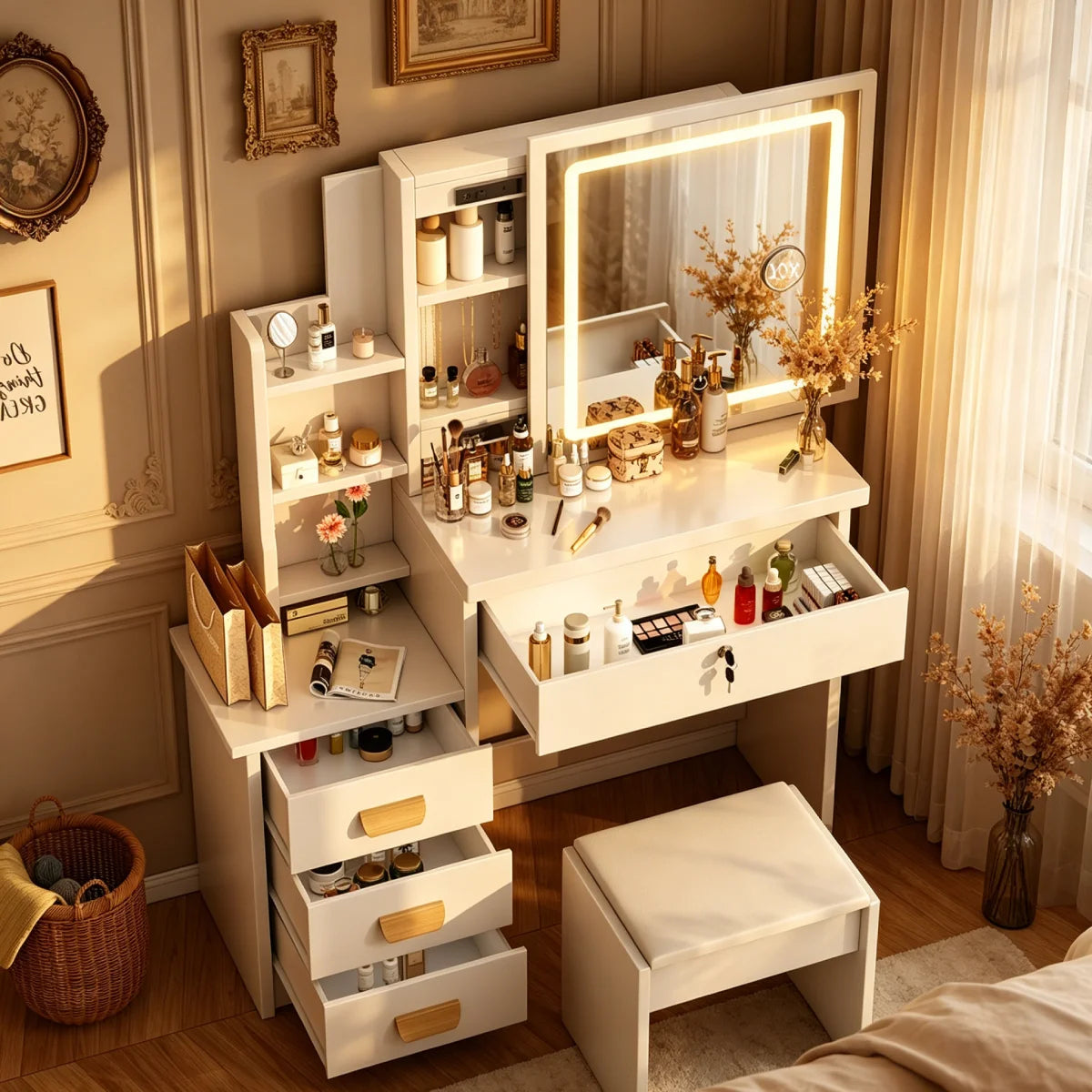 Assemblable Detachable Dressing Table multifonctionnelle avec Led maquillage miroir espace de stockage Tables de vanité Femmes chambre Bureau de maquillage