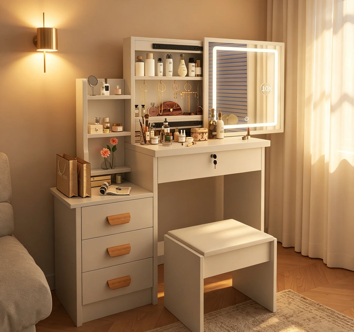 Assemblable Detachable Dressing Table multifonctionnelle avec Led maquillage miroir espace de stockage Tables de vanité Femmes chambre Bureau de maquillage