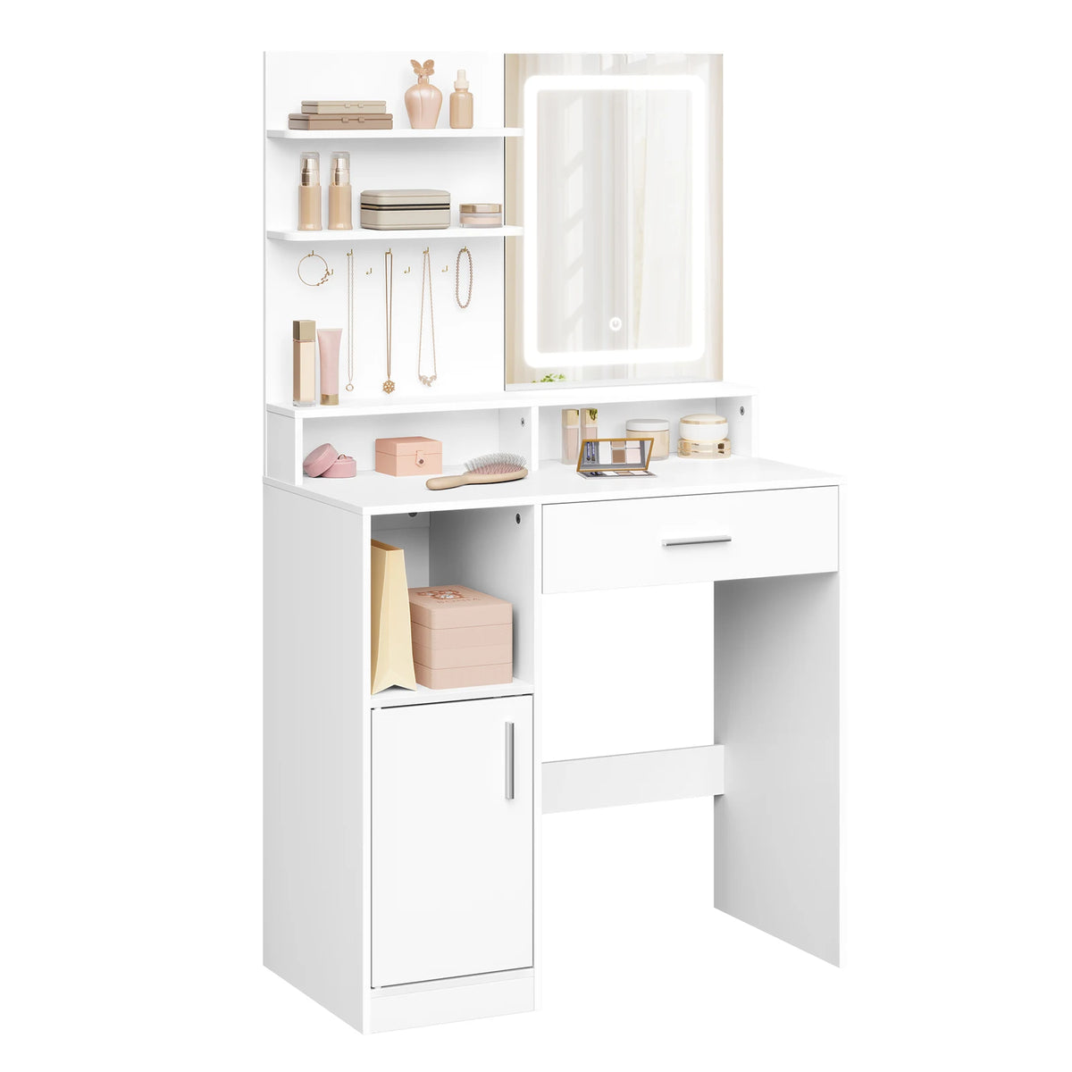 WOLTU Cosmetic Table Dressing Table with Adjustable LED Lights Mirror Vanity Unit with 3 Shelves Storage Cabinet for Bedroom