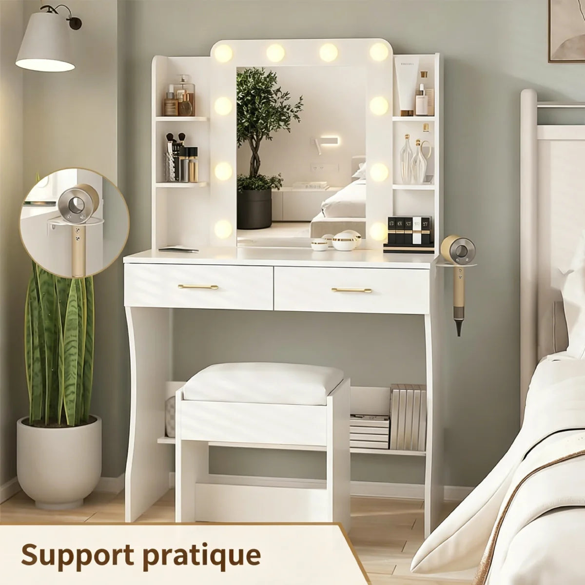 Table de maquillage Mihtrov avec étagères réglables pour petit appartement, miroir à lumière LED réglable, bureau de maquillage avec tabouret amovible, cadeau pour fille et amies