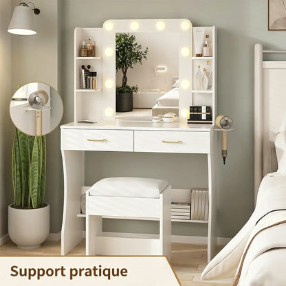 Table de maquillage Mihtrov avec étagères réglables pour petit appartement, miroir à lumière LED réglable, bureau de maquillage avec tabouret amovible, cadeau pour fille et amies