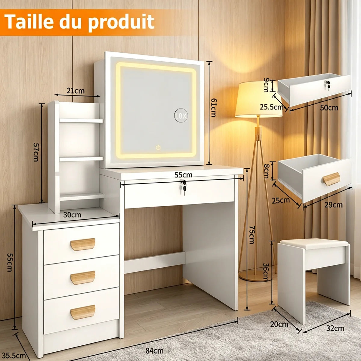 Assemblable Detachable Dressing Table multifonctionnelle avec Led maquillage miroir espace de stockage Tables de vanité Femmes chambre Bureau de maquillage