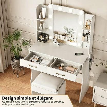 Table de maquillage Mihtrov avec étagères réglables pour petit appartement, miroir à lumière LED réglable, bureau de maquillage avec tabouret amovible, cadeau pour fille et amies