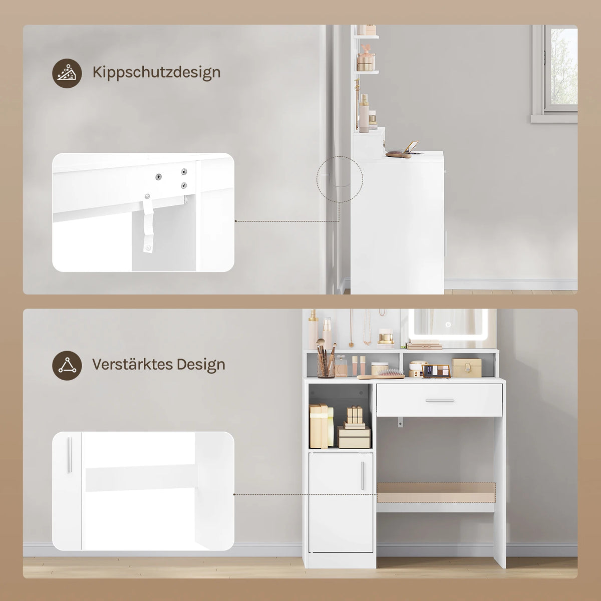 WOLTU Cosmetic Table Dressing Table with Adjustable LED Lights Mirror Vanity Unit with 3 Shelves Storage Cabinet for Bedroom