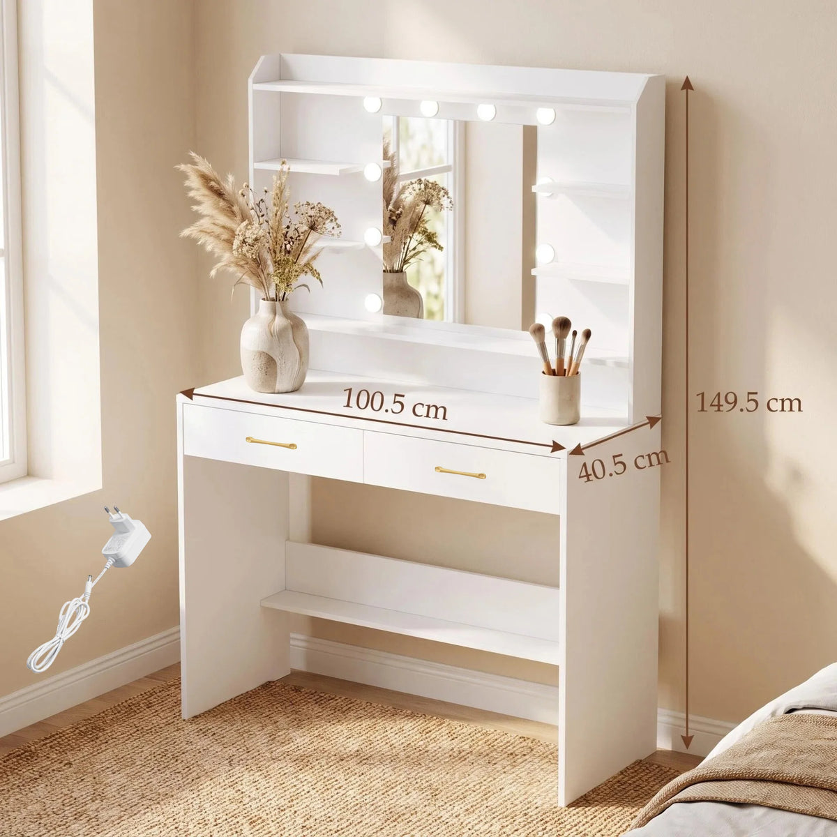 HaluPeit Dressing Table with Mirror, Dressing Table with Shelves and 2 Drawers, for Bedroom, Living Room, Adjustable Brightness, 40 x 100 x 149 cm, White