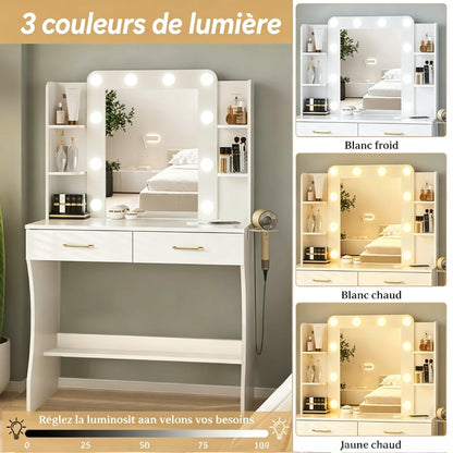 Table de maquillage Mihtrov avec étagères réglables pour petit appartement, miroir à lumière LED réglable, bureau de maquillage avec tabouret amovible, cadeau pour fille et amies