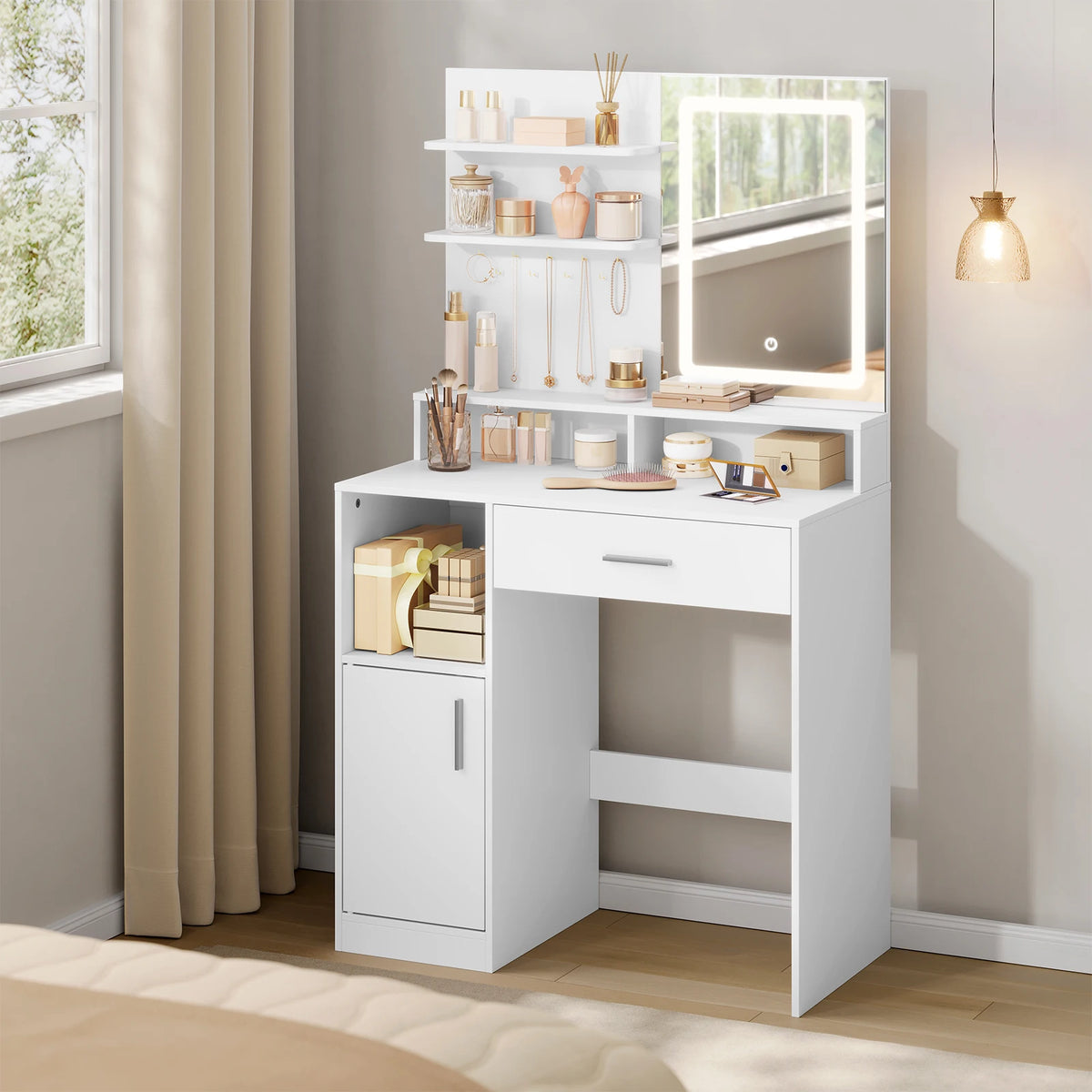 WOLTU Cosmetic Table Dressing Table with Adjustable LED Lights Mirror Vanity Unit with 3 Shelves Storage Cabinet for Bedroom