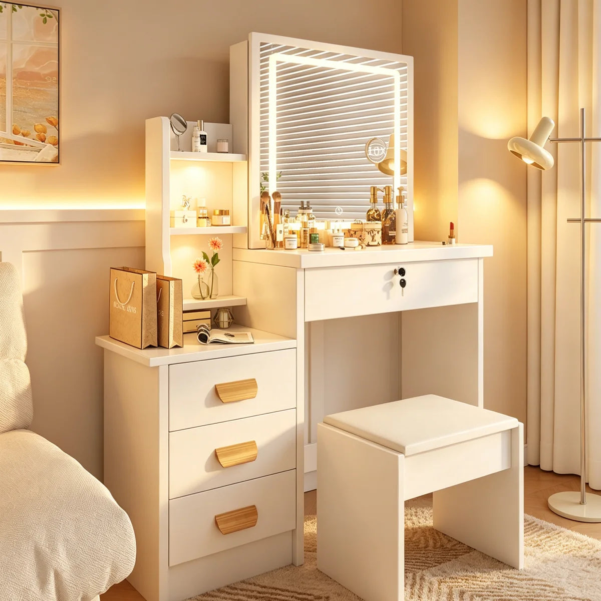 Assemblable Detachable Dressing Table multifonctionnelle avec Led maquillage miroir espace de stockage Tables de vanité Femmes chambre Bureau de maquillage