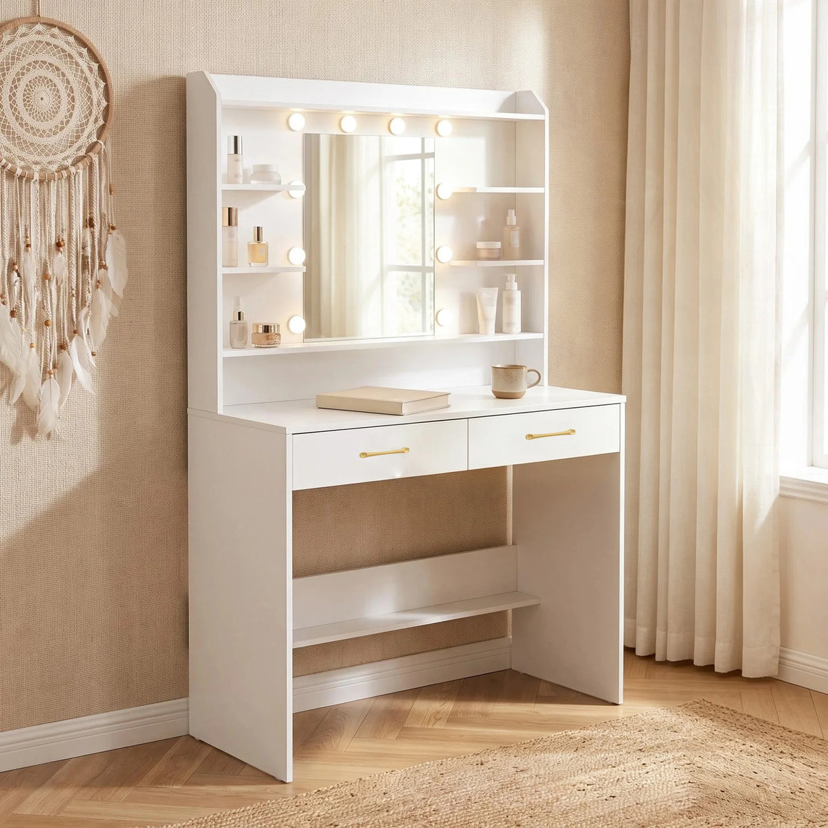 HaluPeit Dressing Table with Mirror, Dressing Table with Shelves and 2 Drawers, for Bedroom, Living Room, Adjustable Brightness, 40 x 100 x 149 cm, White