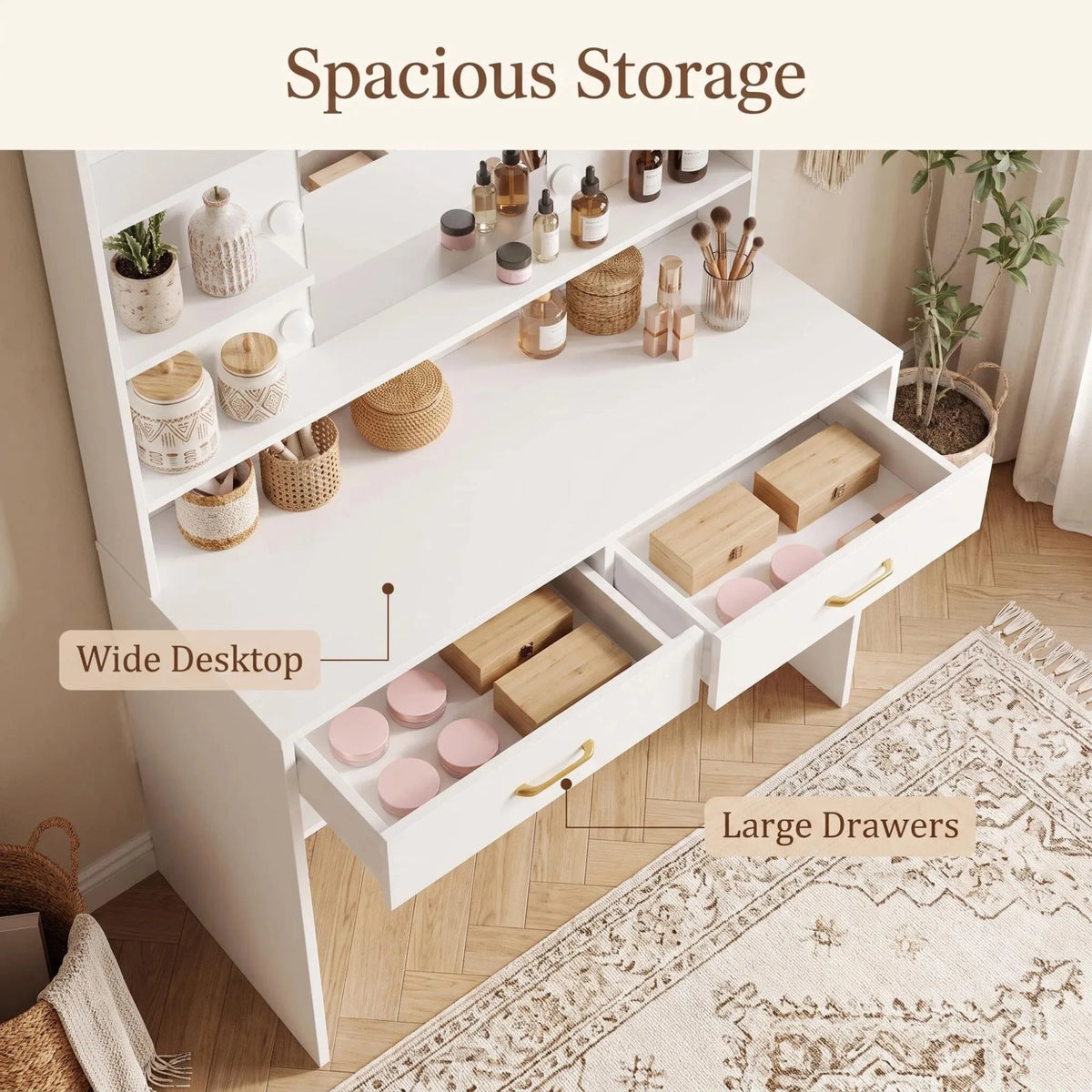 HaluPeit Dressing Table with Mirror, Dressing Table with Shelves and 2 Drawers, for Bedroom, Living Room, Adjustable Brightness, 40 x 100 x 149 cm, White