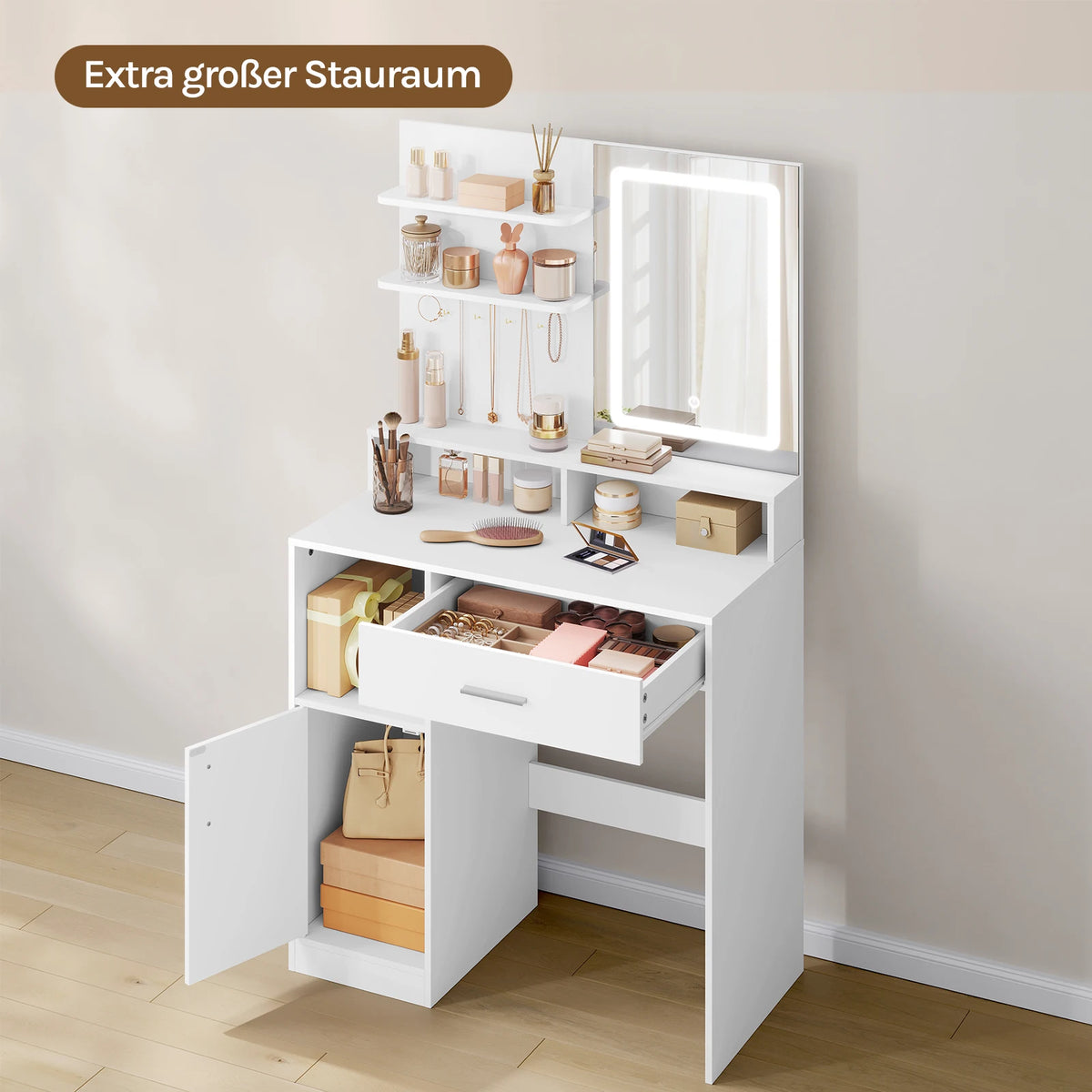 WOLTU Cosmetic Table Dressing Table with Adjustable LED Lights Mirror Vanity Unit with 3 Shelves Storage Cabinet for Bedroom
