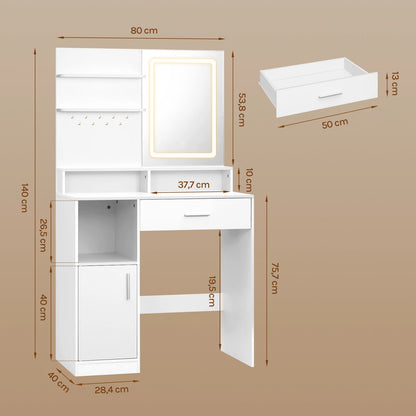 WOLTU Cosmetic Table Dressing Table with Adjustable LED Lights Mirror Vanity Unit with 3 Shelves Storage Cabinet for Bedroom