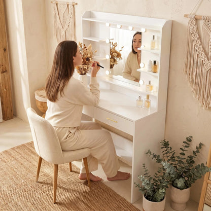 HaluPeit Dressing Table with Mirror, Dressing Table with Shelves and 2 Drawers, for Bedroom, Living Room, Adjustable Brightness, 40 x 100 x 149 cm, White