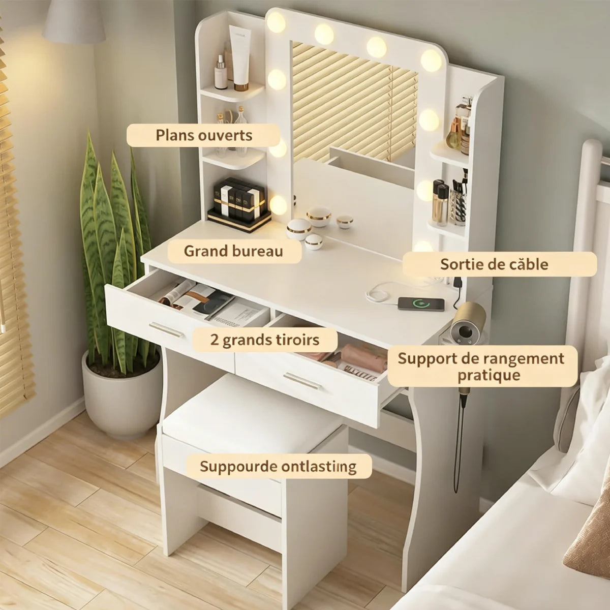 Table de maquillage Mihtrov avec étagères réglables pour petit appartement, miroir à lumière LED réglable, bureau de maquillage avec tabouret amovible, cadeau pour fille et amies