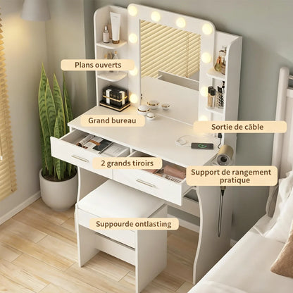 Table de maquillage Mihtrov avec étagères réglables pour petit appartement, miroir à lumière LED réglable, bureau de maquillage avec tabouret amovible, cadeau pour fille et amies