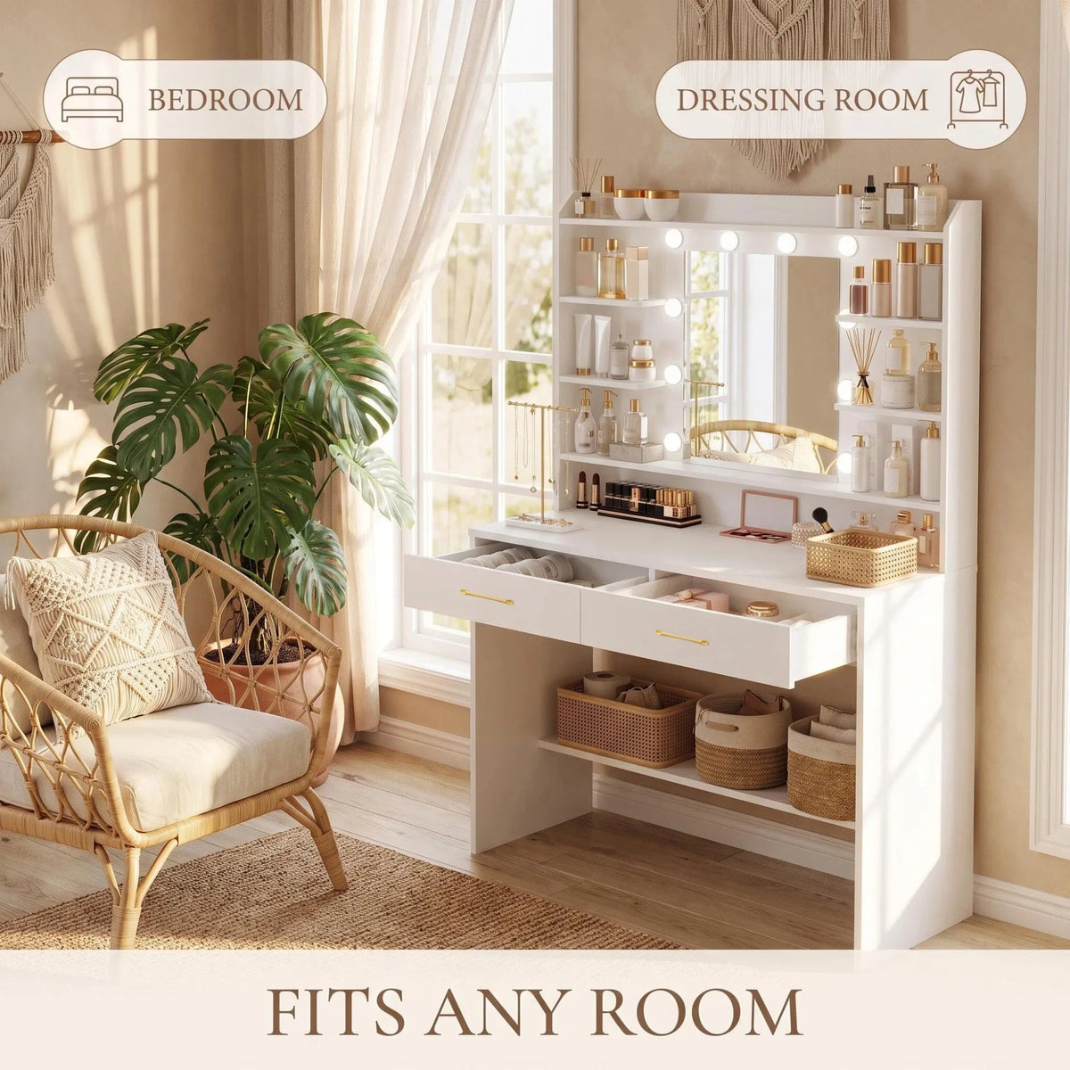 HaluPeit Dressing Table with Mirror, Dressing Table with Shelves and 2 Drawers, for Bedroom, Living Room, Adjustable Brightness, 40 x 100 x 149 cm, White