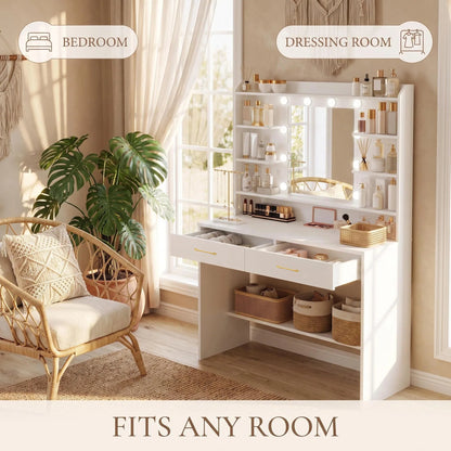 HaluPeit Dressing Table with Mirror, Dressing Table with Shelves and 2 Drawers, for Bedroom, Living Room, Adjustable Brightness, 40 x 100 x 149 cm, White