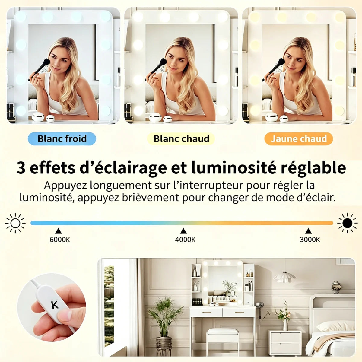 Table de maquillage Mihtrov avec étagères réglables pour petit appartement, miroir à lumière LED réglable, bureau de maquillage avec tabouret amovible, cadeau pour fille et amies
