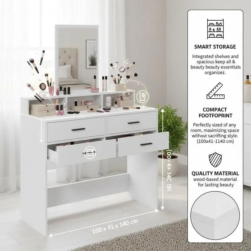 Dressing table with shelf, white, 100 x 41 x 140 cm, wood-based material